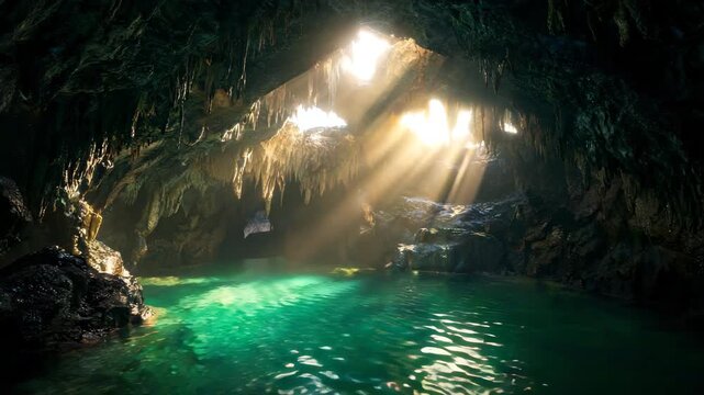 Sunlight beams through cave ceiling illuminating turquoise water in cinematic motion