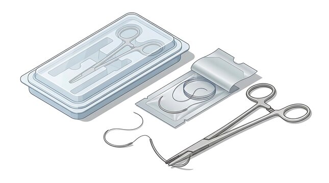 Sterile surgical suture kit with scissors and needle.