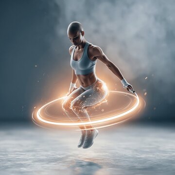 Athletic woman performing high jump with glowing energy ring around waist inside dramatic smoke filled studio scene, with woman, athlete, fitness, strength detail