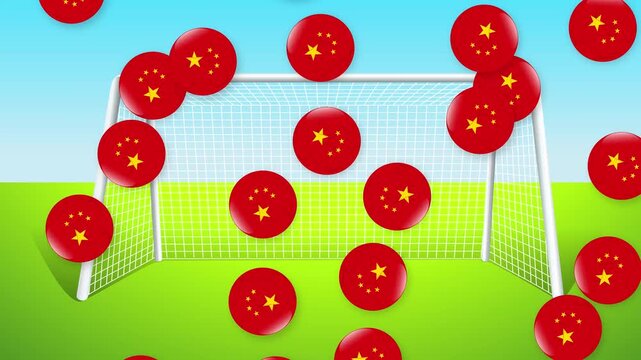 Falling Footballs with China Flag Pattern over Soccer Goal Animation