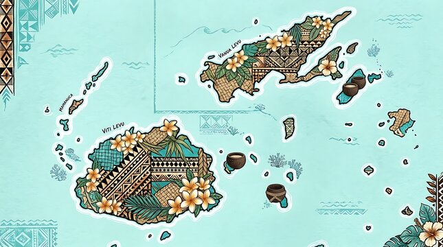 Illustrated Map of Fiji Islands with Tribal Patterns and Tropical Flowers