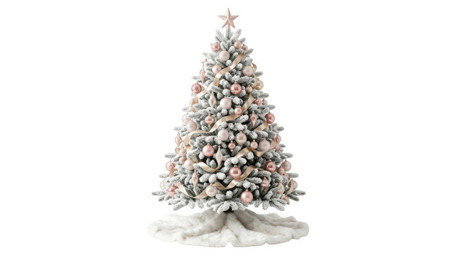 Decorated christmas tree with pink ornaments and fake snow isolated on transparent background