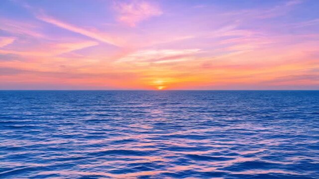 Serene ocean horizon with vibrant sunset gradient sky during twilight with gentle waves