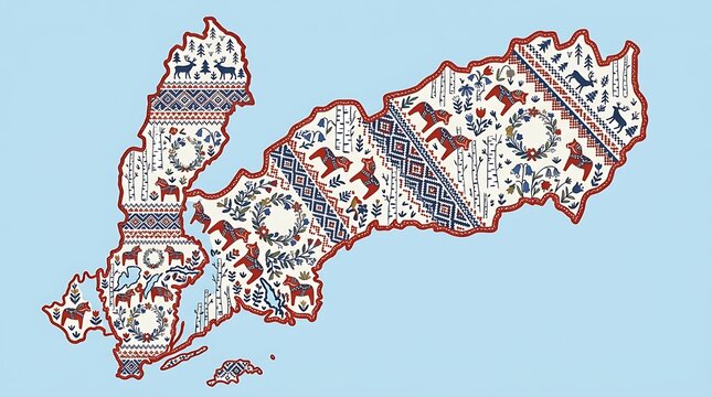 Map of Sweden with Traditional Folk Art and Dala Horse Patterns