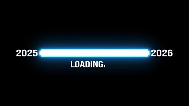 New year 2026 loading bar animation Year changing from 2025 to 2026. Animated neon loading bar from 2025 to 2026 new year transfer. Almost reaching New Year on black background.
