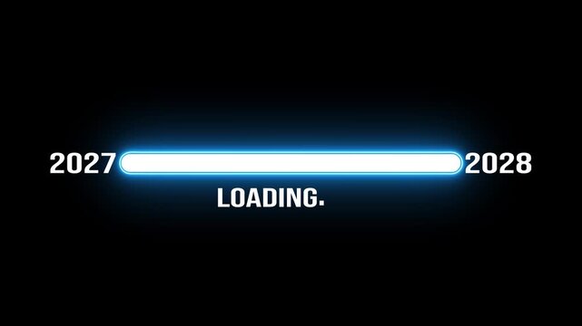 New year 2028 loading bar animation Year changing from 2027 to 2028. Animated neon loading bar from 2027 to 2028 new year transfer. Almost reaching New Year on black background.