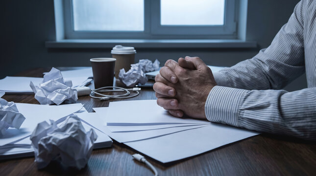 Frustrated man hands clasped on desk with crumpled paper, documents, coffee cup, and headphones, stress in office environment
