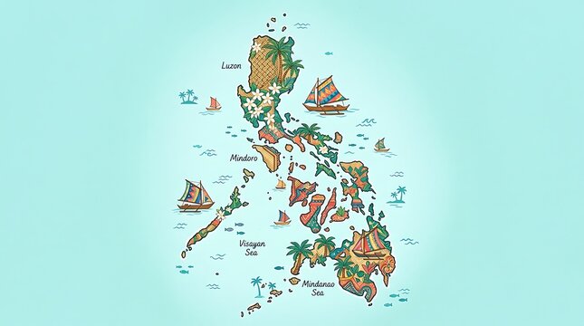 Illustrated Map of the Philippines with Tropical Elements