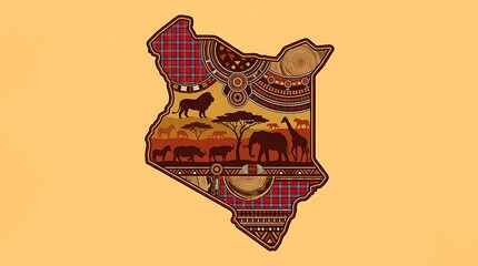 Obraz premium Stylized Map of Kenya with African Wildlife and Tribal Patterns
