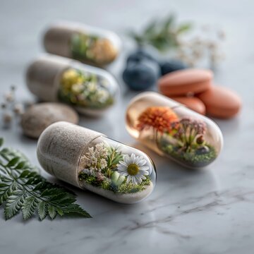 Transparent capsules filled with white daisy blossoms, tiny yellow buds, and green foliage arranged on cool marble surface in soft natural light, creating fresh wellness concept