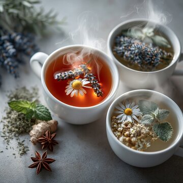 steaming herbal tea cups on a tabletop with herbs and spices, relaxing atmosphere, white and green tones, top-down view, ceramic cups, food and drink context, health and wellness theme.