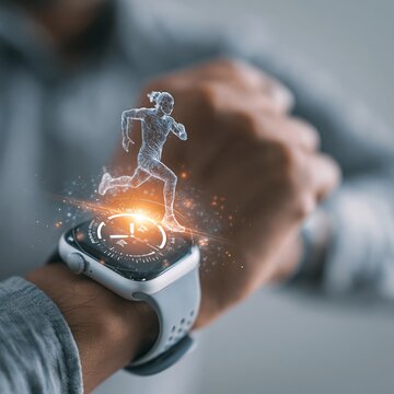Adult wrist wearing white smartwatch with glowing running figure and fitness metrics hovering above screen, showing active health tracking, digital motion, and modern wearable technology