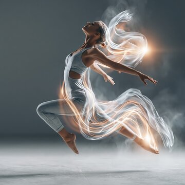 Female dancer in powerful leap with flowing illuminated fabric trails, graceful athletic pose, warm studio light, neutral gray backdrop, expressive movement and elegant performance energy
