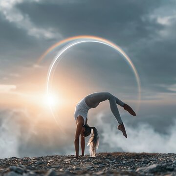 Woman performing deep backbend yoga pose on rocky shoreline at sunrise with glowing halo, warm light, dramatic clouds and calm sea creating serene outdoor wellness scene