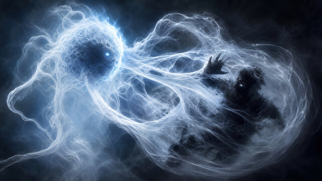 Fantasy ghost spirit energy magic smoke darkness horror ethereal ghost spirit formed from swirling energy smoke darkness confronting shadow figure