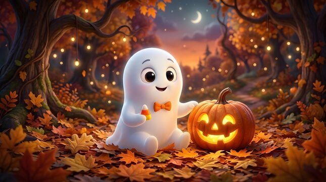 A cute little ghost sitting with a carved pumpkin in an autumn forest for a happy halloween celebration