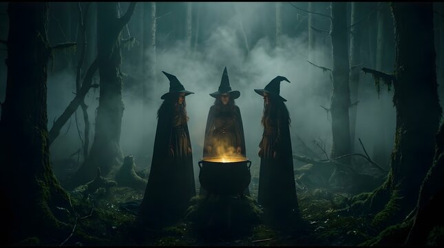 Three mysterious witches standing around a glowing cauldron in a dark foggy forest for a happy halloween theme