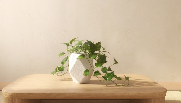A green pothos houseplant trailing from a white geometric pot on a wooden table. Warm morning sunlight casts soft shadows against a minimalist cream wall in a serene, zen indoor room setting.