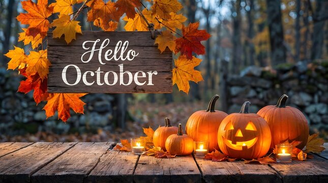Festive autumn background with hello october sign and glowing pumpkins to celebrate a spooky happy halloween season
