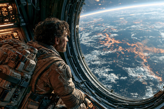 Dramatic over-the-shoulder view of a male astronaut without a helmet looking out of a large round window at the planet Earth below from inside a dark spaceship cabin.