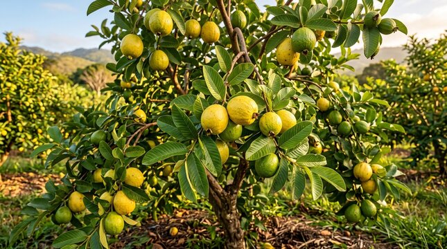 Healthy guava tree with ripe tropical fruits in a sunny orchard for agriculture, fresh produce, healthy nutrition and botanical concepts