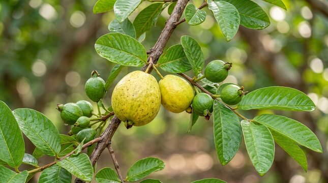 Close up guava tree branch with fresh tropical fruits and glossy leaves for agriculture, botanical and healthy food concepts