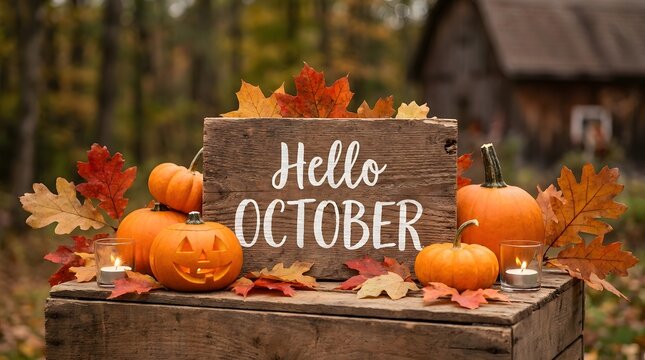 Rustic hello october sign surrounded by pumpkins and autumn leaves to celebrate a happy halloween seasonal display