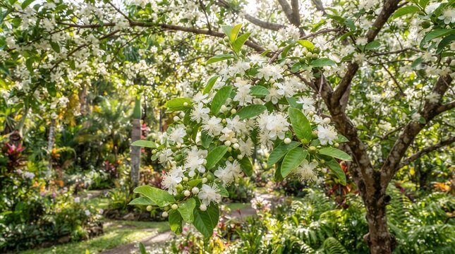 Blooming guava tree with white flowers for tropical gardens, pollination, sustainable agriculture and botanical concepts
