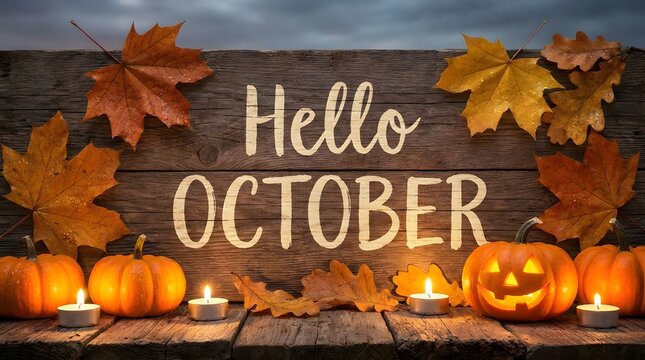 Hello october text with pumpkins and autumn leaves for a festive happy halloween background and seasonal greeting