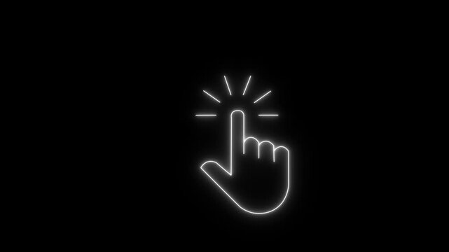 glowing neon hand mouse cursor icon on black background. hand cursor with click and accent. Mouse pointer hand click icon animation. Clicking finger icon with black background.