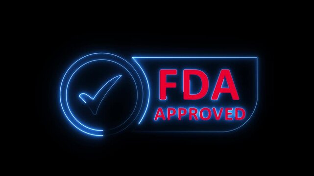 blue neon FDA Approved icon Food and Drug Administration label. FDA Approved blue Check Mark icon. FDA Approval icon and Medical Research, Healthcare Regulation and Pharmaceutical Process