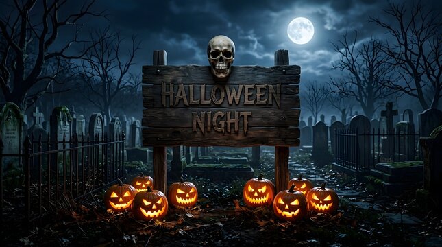 Spooky graveyard scene with glowing jack o lanterns and a wooden sign wishing everyone a happy halloween