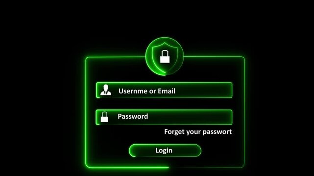Neon blue glowing digital login form interface animation with username email input field and password box protected by secure padlock shield icon on dark black background for cyber security concept