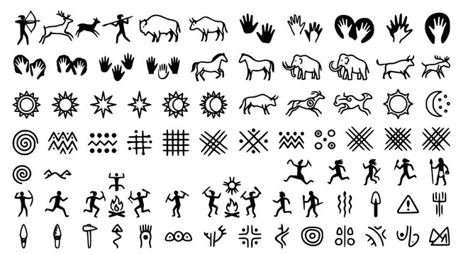 Set of ancient cave painting symbols and prehistoric petroglyph icons in vector style for historical archeology and educational design projects on clean isolated white background for easy application