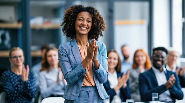 A smiling woman leads an applauding audience during a presentation.