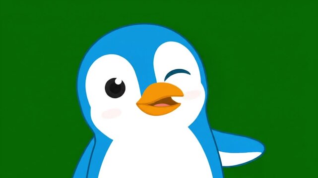 Cute Cartoon Blue Penguin Looking Forward on Green Screen. 4K Video