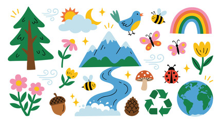 Obraz premium Set of nature themed elements including mountains, trees, flowers, insects and planet earth, environmental icons for decor, school projects, nature