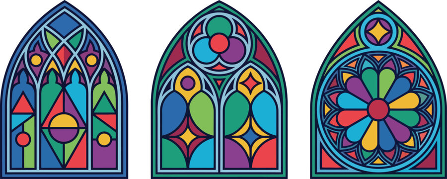 Gothic stained glass windows vector set, colorful cathedral arched window frames with mosaic patterns, medieval church glass art collection
