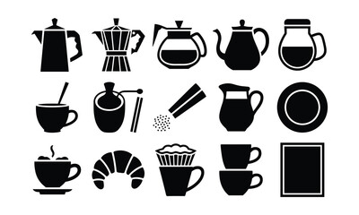 Obraz premium Set of coffee and tea silhouette icons for restaurant menu cafe graphics.