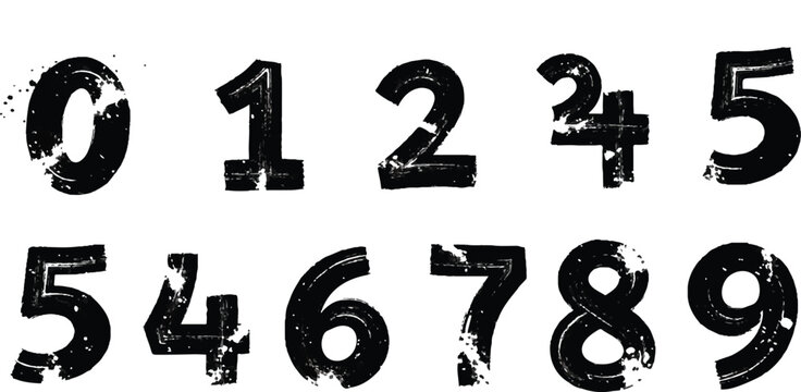 A set of light black, distressed, brush-textured numbers from zero to nine arranged in two rows on a white background.