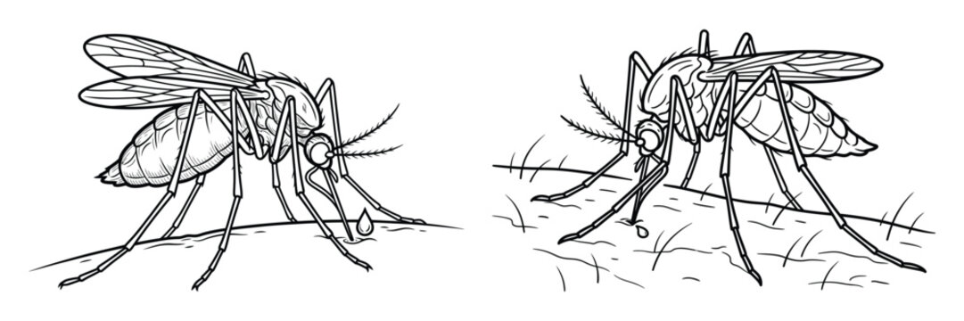 Two mosquitoes biting skin causing irritation and disease transmission detailed black and white sketch for medical and biological educational materials.