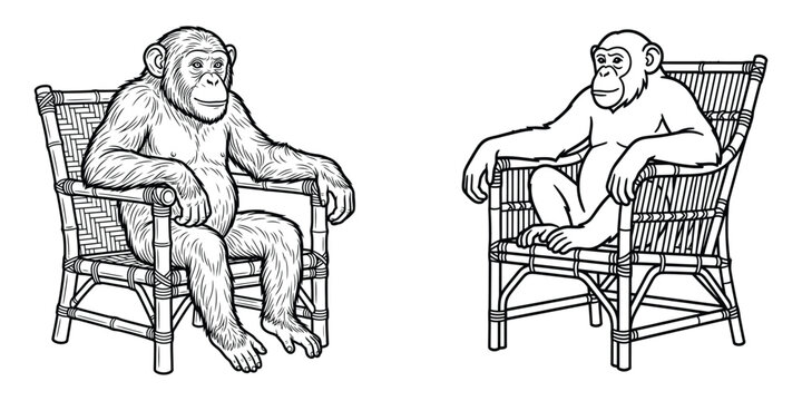 Pair of chimpanzees sitting in bamboo chairs in different drawing styles featuring detailed engraving and clean line art illustrations for comparison.