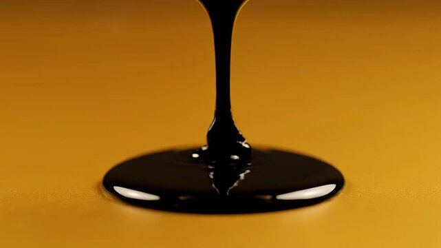 Close-up footage of black liquid dripping, black liquid dripping against a gold background