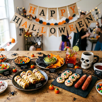 Halloween party buffet table is laden with creatively themed snacks and drinks, including 'mummy' hot dogs and skull-shaped mugs, set against a festive 'Happy Halloween' banner.