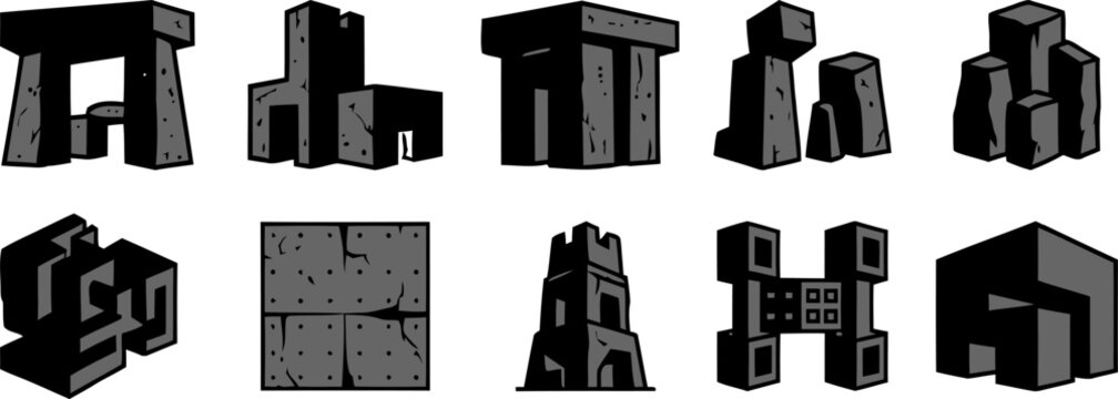 Ancient stone structures icon set including megalith dolmen castle tower maze and standing stones vector illustration