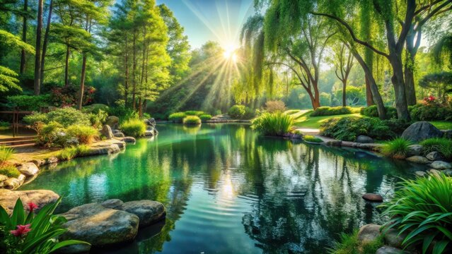 A serene oasis unfolds as sunlight dances across a tranquil parks lush greenery reflecting majestically off its crystal pond