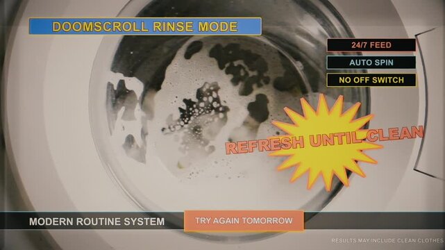 Absurdist washing machine parody showing social media doomscrolling metaphor with refresh until clean. Satirical commercial blending laundry appliance with digital addiction commentary.
