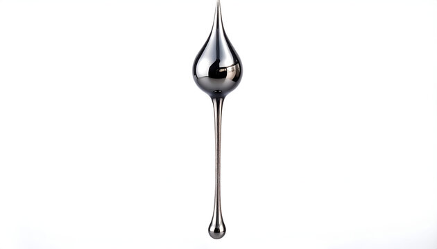 Reflective liquid metal droplet with long stem abstract metallic drop shape studio isolated