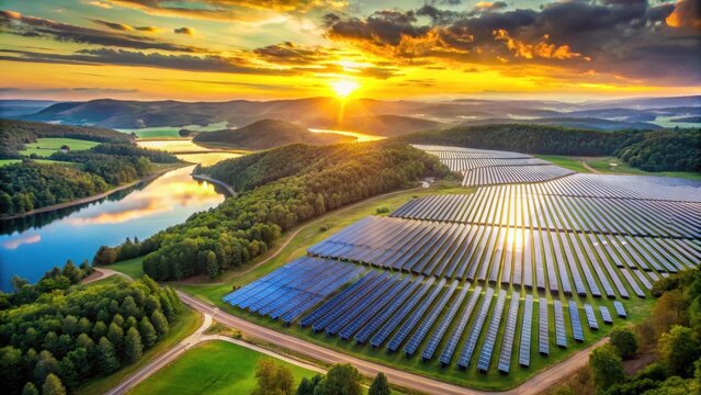 A sprawling solar farm at sunset against a backdrop of lush green forests and pristine lakes