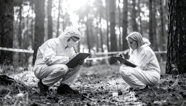 Two figures in protective suits documenting something in a forest